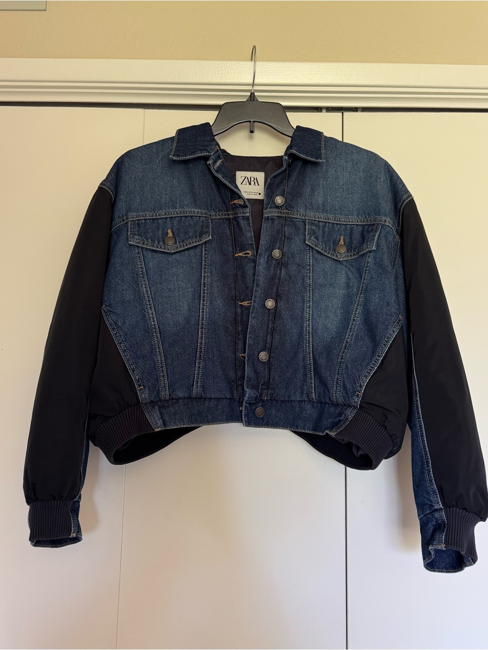 Zara Women's Blue Denim Bomber with Black Sleeves